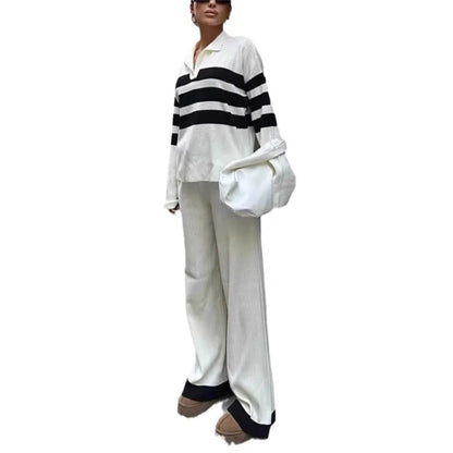 Women's black and white striped knitted two-piece set with polo collar and trousers