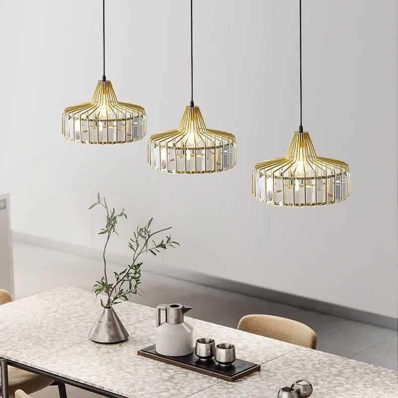 Black and gold iron crystal chandelier LED ceiling lamp with full spectrum light on a white background.