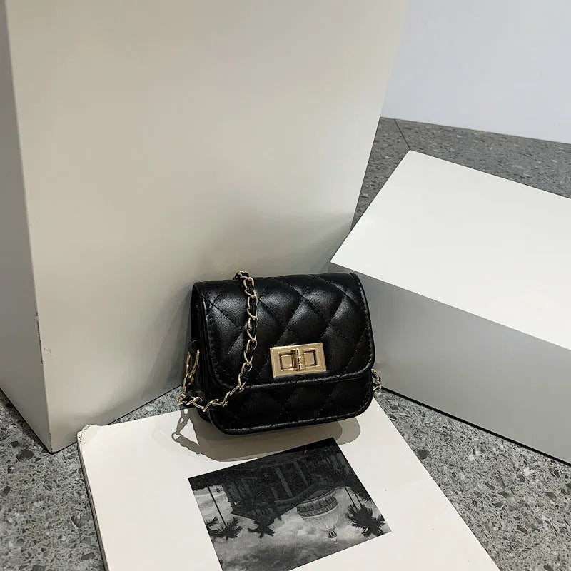 Women's PU shoulder messenger bag with diamond chain and sewing thread trim, black or beige, large 18cm or small 12cm