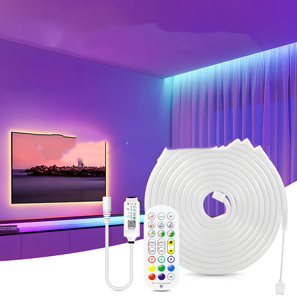 Flexible 12V RGB LED neon strip, 6mm x 15mm waterproof design with Bluetooth controller for home decor, 1-5m lengths