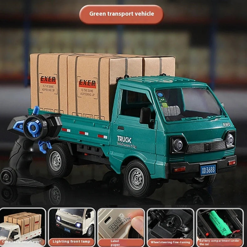 Blue remote control city truck with LED lights illuminated, demonstrating spray sound effect activation during operation