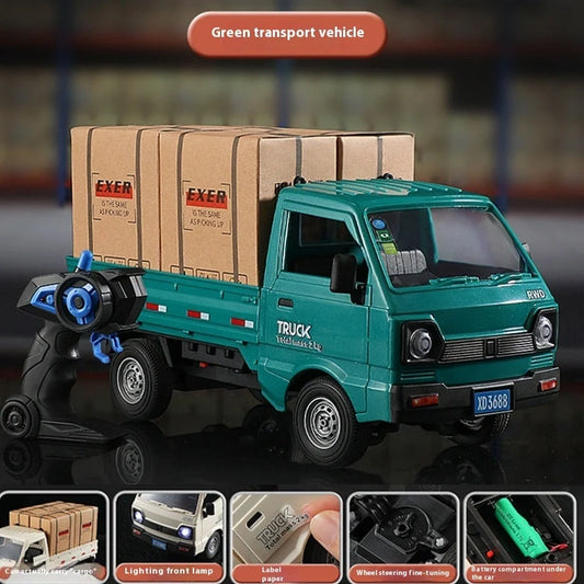 Blue remote control city truck with LED lights illuminated, demonstrating spray sound effect activation during operation