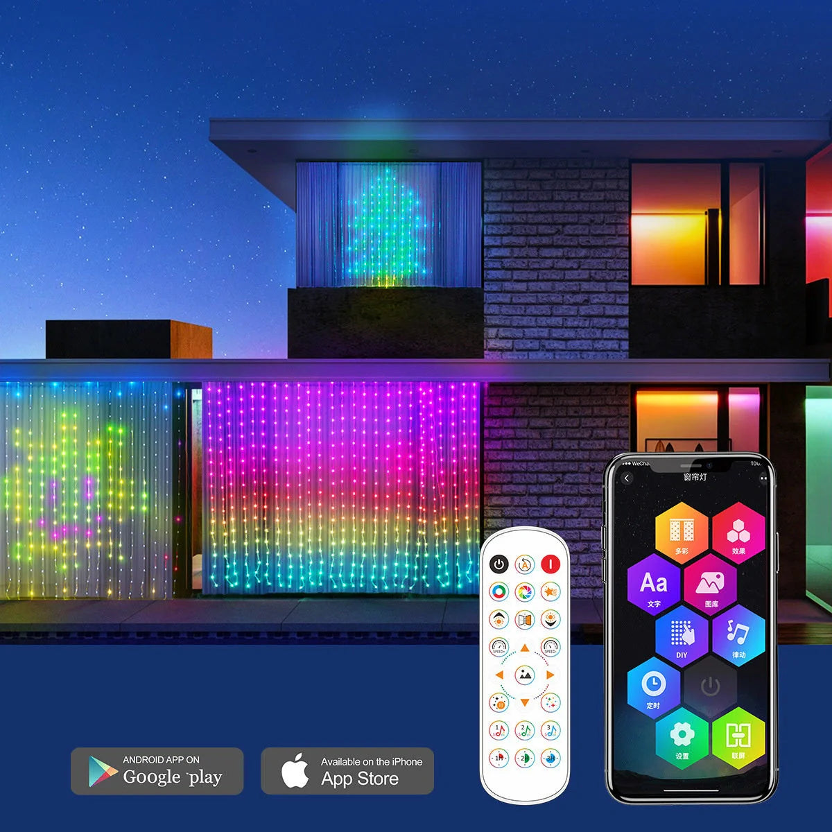 Smart LED RGB Curtain String Lights with Bluetooth control for vibrant home and party decor