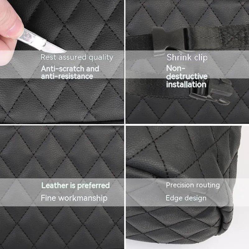 Leather car interior hanging storage bag organiser in black colour measuring 25x25x8 cm