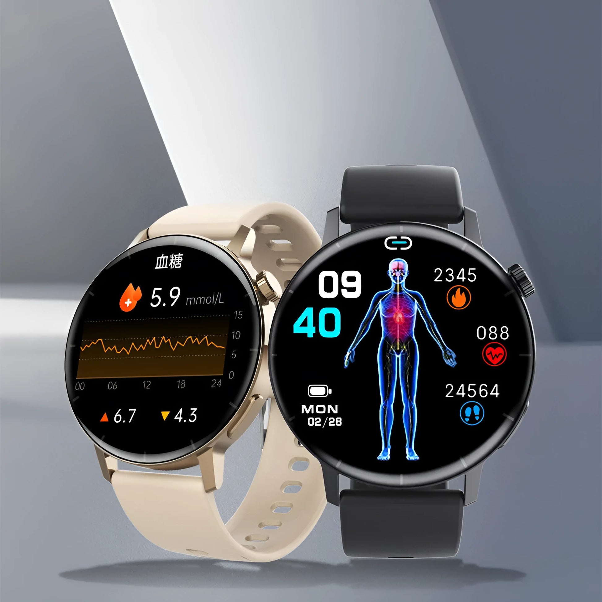 F67S blood glucose smart watch with leather strap showing health monitoring display