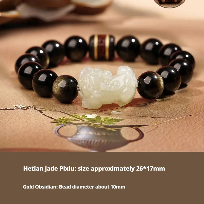 Traditional Chinese Hetian jade bracelet with black and red adjustable ropes and jade beads