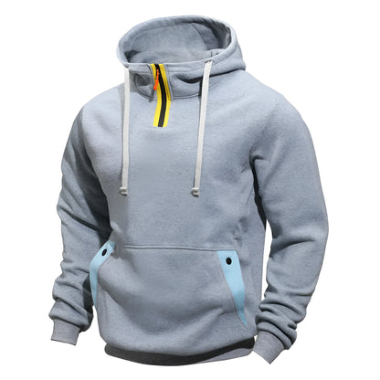 Men's loose zip pullover hoodie in solid colour polyester with size stick pocket, sizes M to XXXL