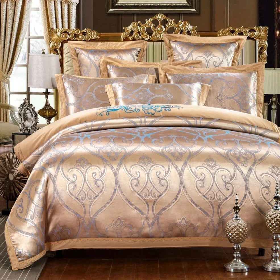 Jacquard woven cotton quilt cover with embroidery detailing in European style, showing textured patterns and colour options