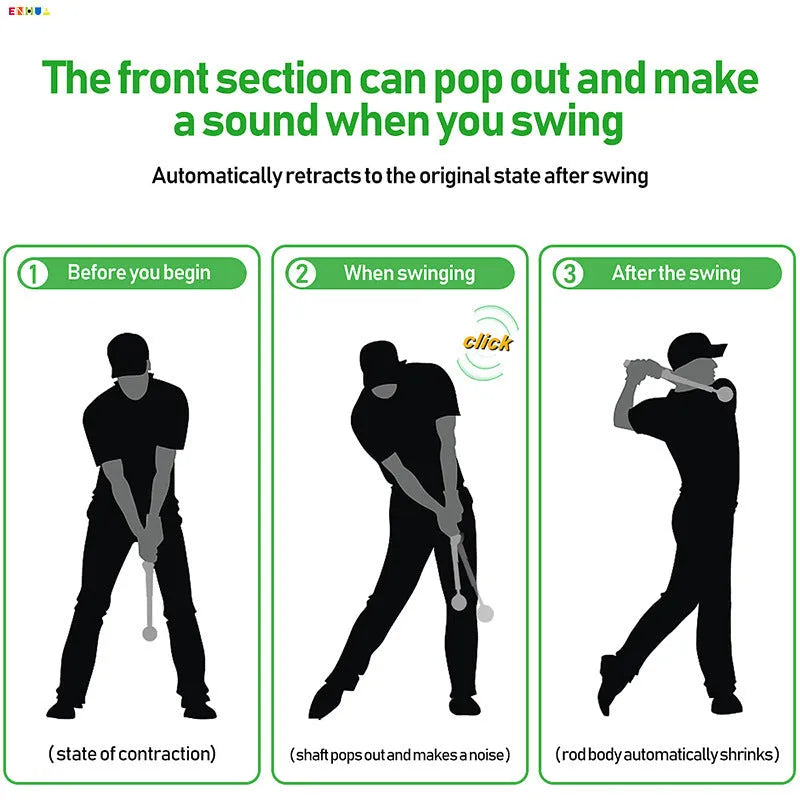 Golf telescopic swing simulator with adjustable stainless steel shaft and weighted head in black, blue, or red colours