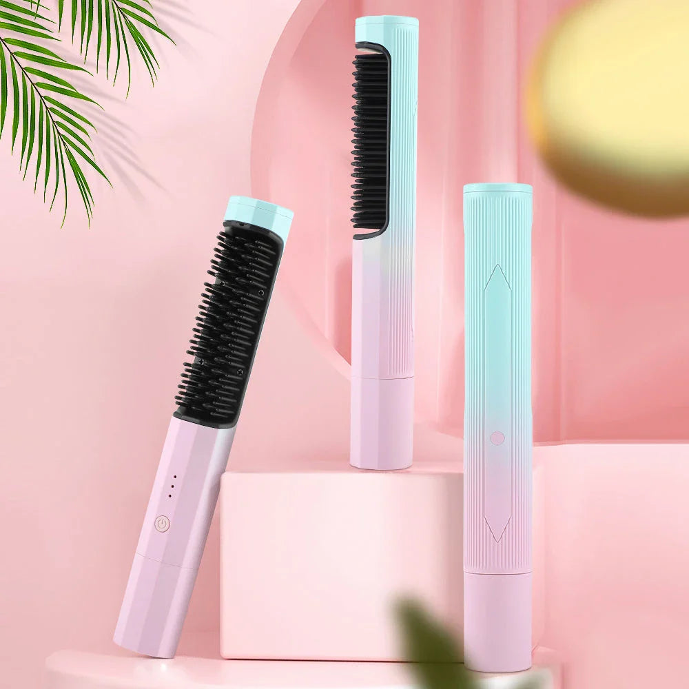 Cordless hair straightening brush with adjustable temperature settings, anti-scalding design, and high-capacity rechargeable battery for convenient, salon-quality styling.