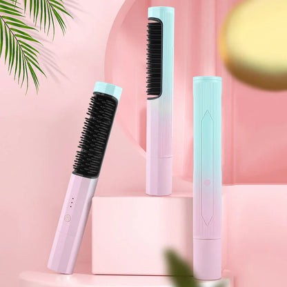 Cordless hair straightening brush with adjustable temperature settings, anti-scalding design, and high-capacity rechargeable battery for convenient, salon-quality styling.