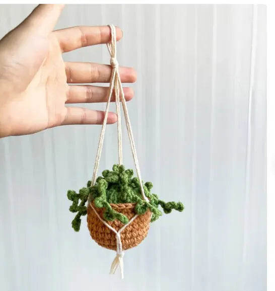 Green and white knitting wool car plant decoration with 8cm base and 25cm hanging rope
