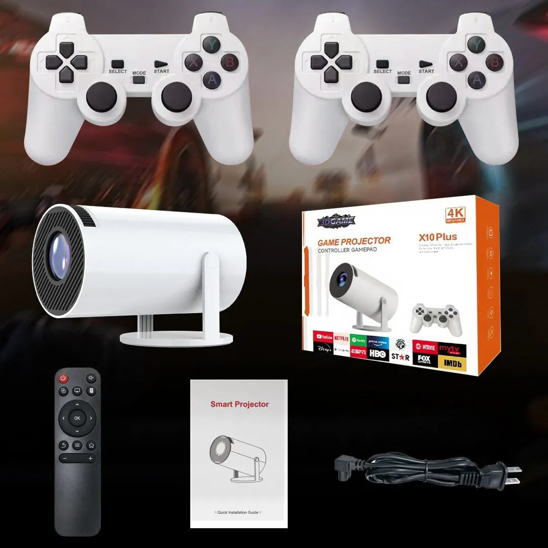 White Barrel X10 PLUS portable smart projector with gamepad and remote control on a table
