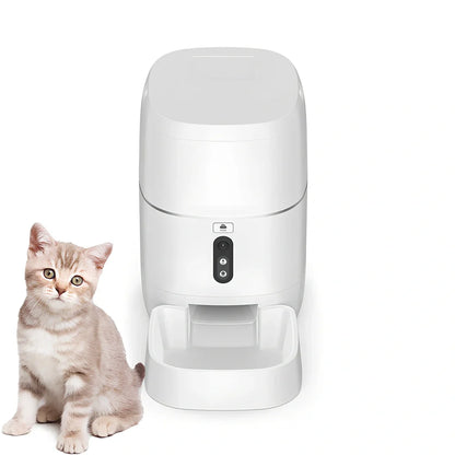 White ABS smart pet automatic feeder with video camera and 5kg food reservoir, dimensions 20.7cm base
