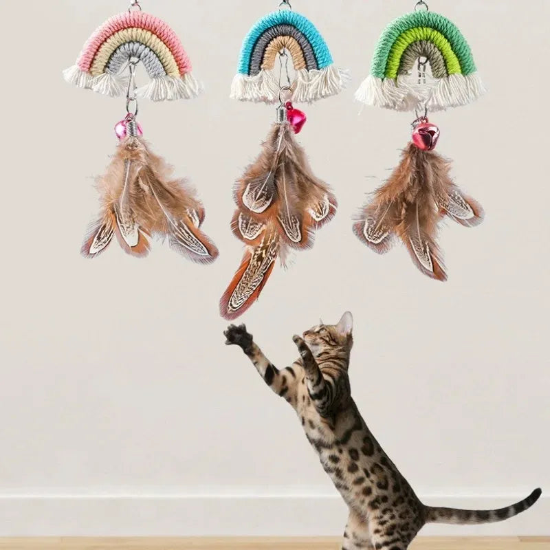 Feather cat rope hanging door toy with elastic swing and sticky buckle clamp in blue, green, or pink colours