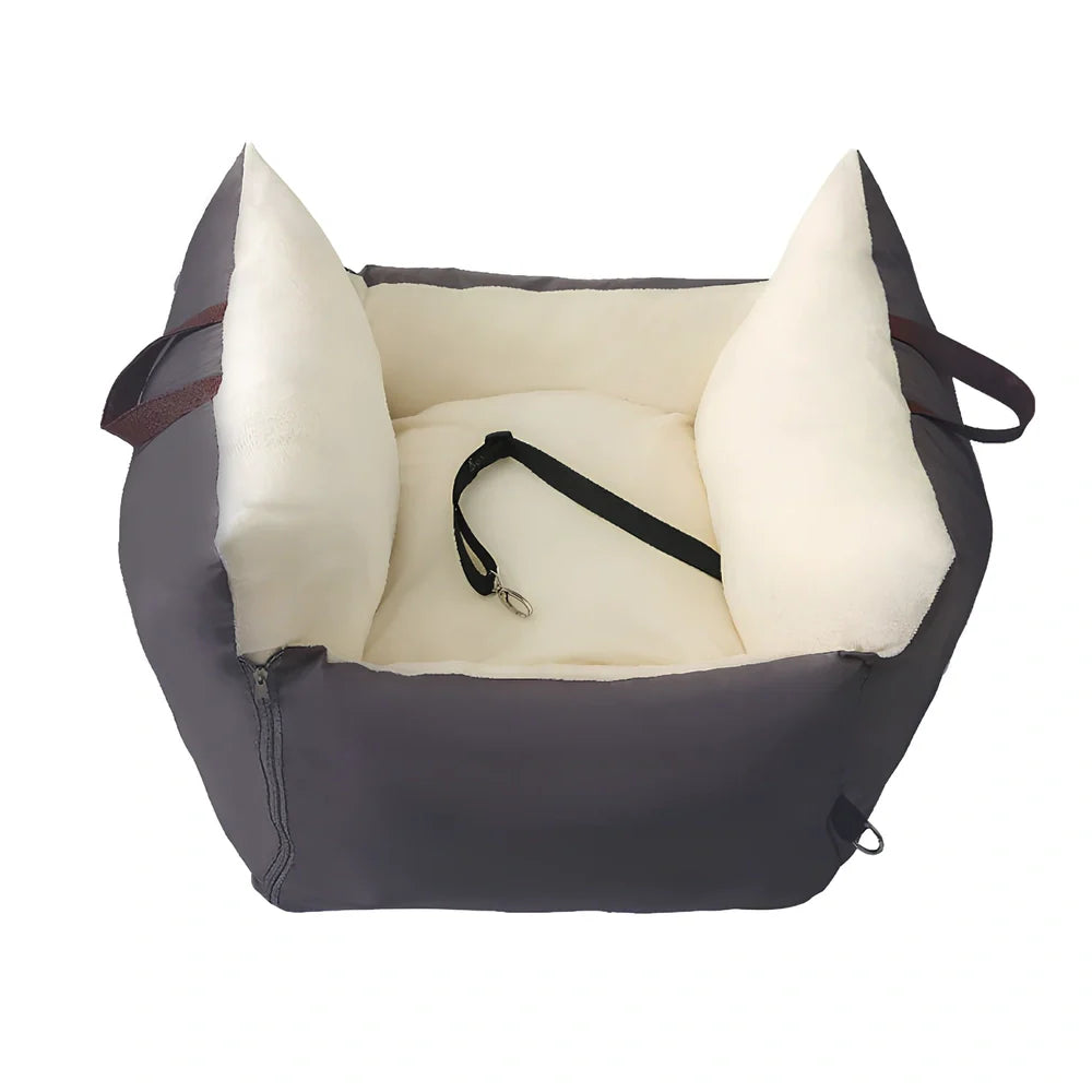 Navy blue waterproof pet bed mat on car seat with 60x60x35cm dimensions and raised edges