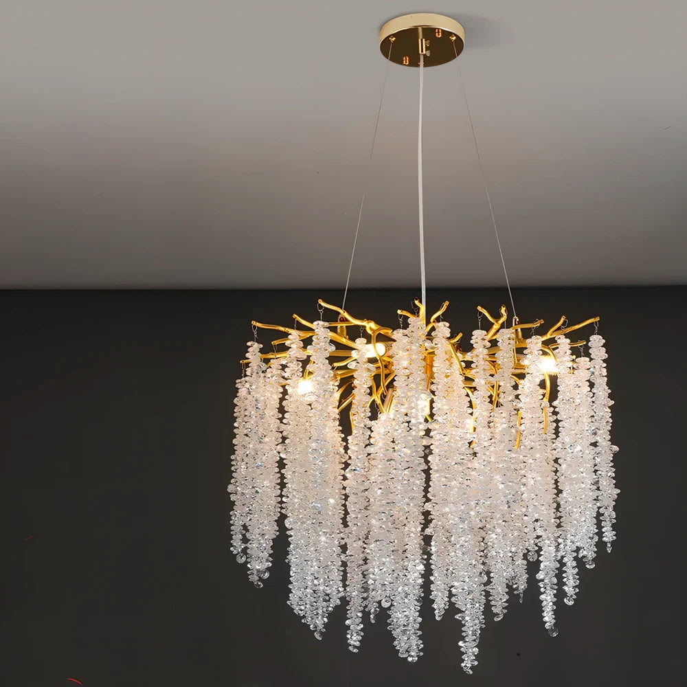 Villa crystal chandelier with adjustable height and LED lighting in multiple size options
