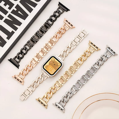 Silver metal link watch strap for Apple Watch with 22mm connectors on a grey background