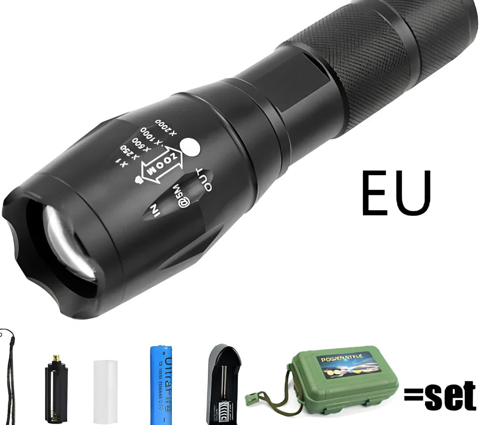 Black aluminium alloy tactical flashlight with telescopic focus and five lighting mode buttons