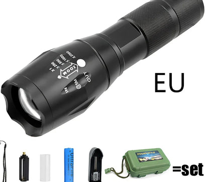 Black aluminium alloy tactical flashlight with telescopic focus and five lighting mode buttons