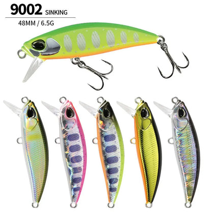 Japanese fishing lure with submerged mino design, 48mm length, 6.5g weight, shown in multiple colour variations