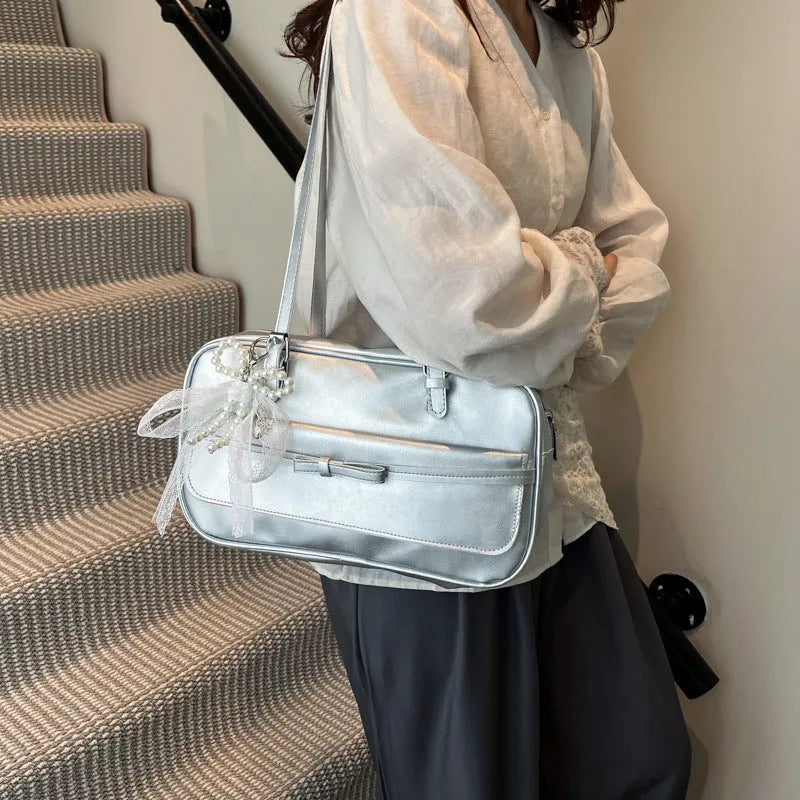 PU single-shoulder flap bag in horizontal square shape with mobile phone compartment and bow decorations