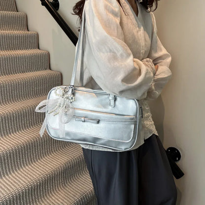 PU single-shoulder flap bag in horizontal square shape with mobile phone compartment and bow decorations