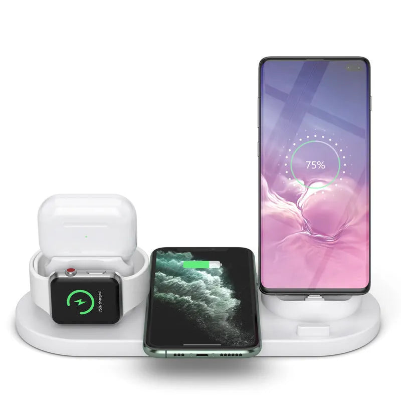 Black or white 6-in-1 wireless charging mobile phone holder station for Apple devices.