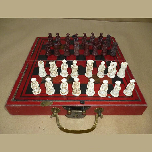 Handcrafted antique terracotta chess set with folding wooden board and detailed polymer resin pieces