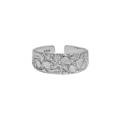 Hammered texture S925 sterling silver adjustable opening ring with white gold colour electroplating