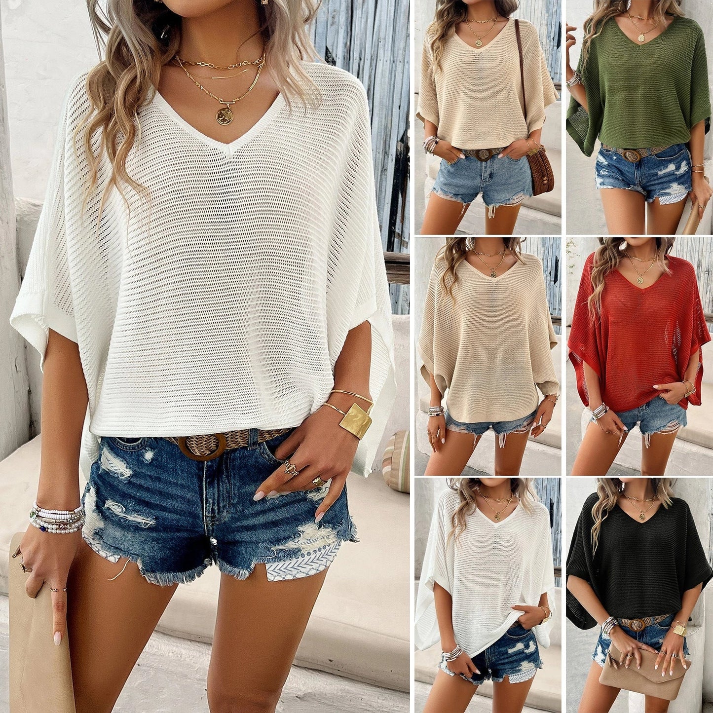Women's V-neck bat sleeve short-sleeved T-shirt in various colors