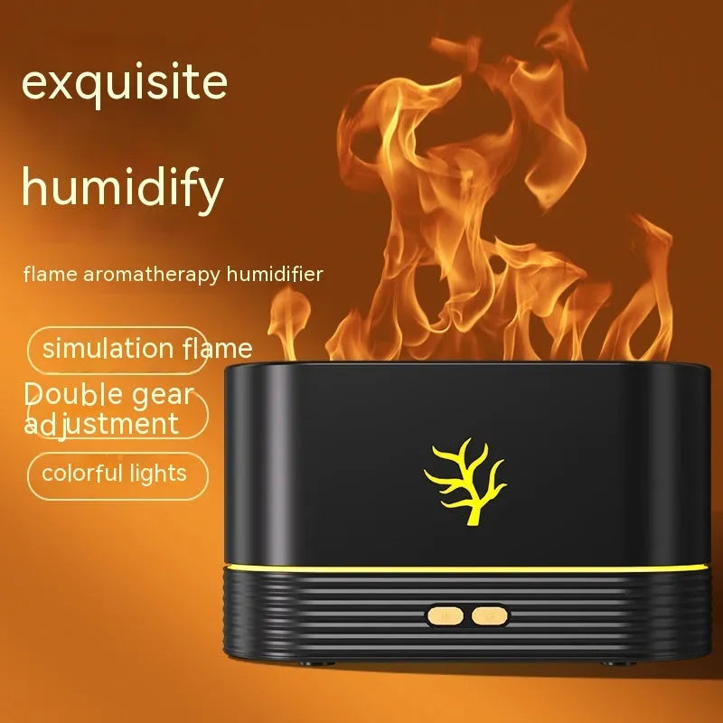 White square USB flame humidifier and aroma diffuser showing realistic LED fire effect.