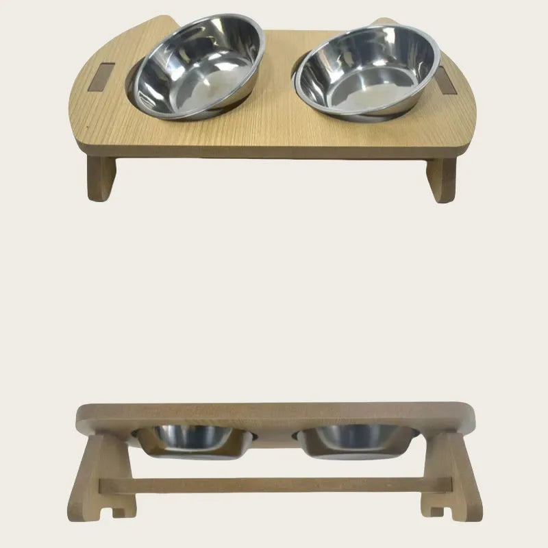 Wooden elevated cat feeder with two stainless steel bowls for food and water.