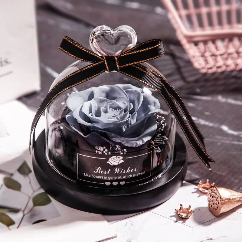LED eternal real rose preserved in a glass dome home decor with colour options.