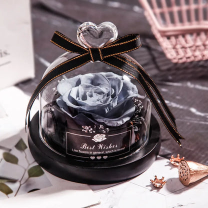 LED eternal real rose preserved in a glass dome home decor with colour options.