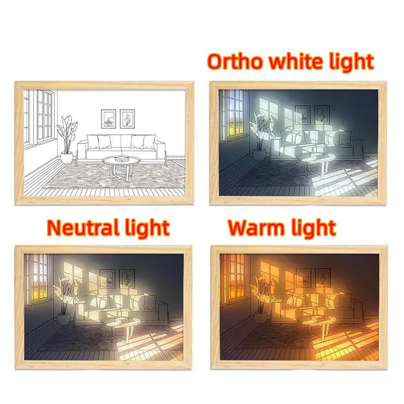 LED illuminated decorative picture light on a table showing a scenic landscape image glowing from within.
