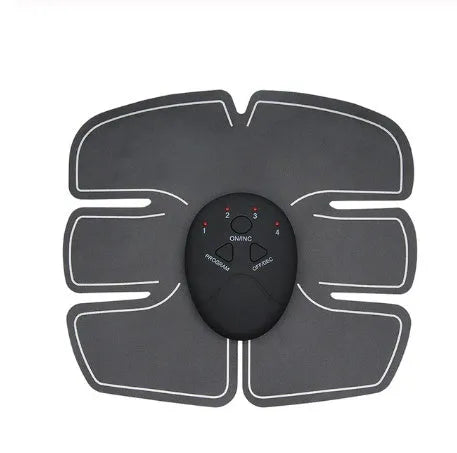 Compact EMS muscle stimulator unit with remote control and gel pads for abdominal and buttock toning.