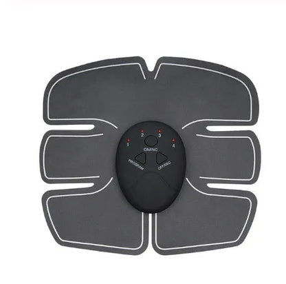 Compact EMS muscle stimulator unit with remote control and gel pads for abdominal and buttock toning.