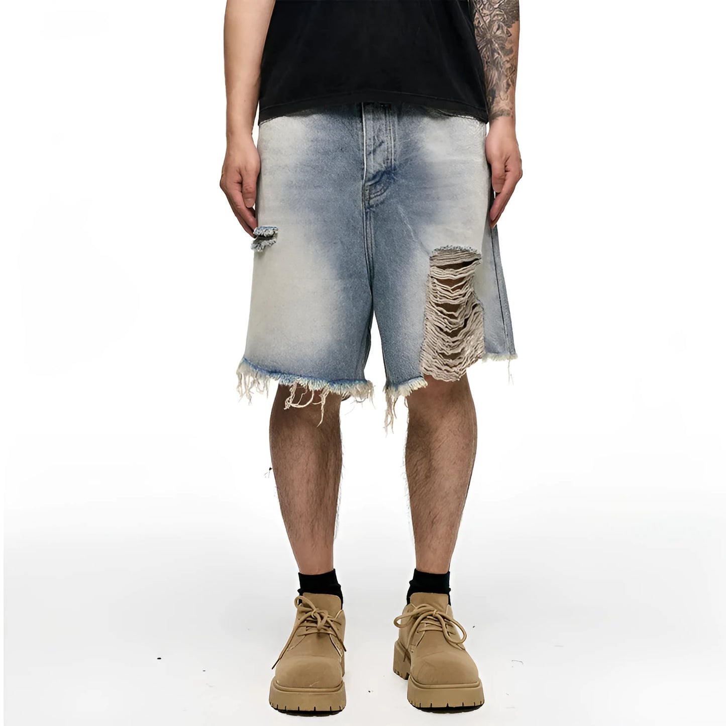 Men's light blue denim shorts with a baggy wide-leg and retro washed finish