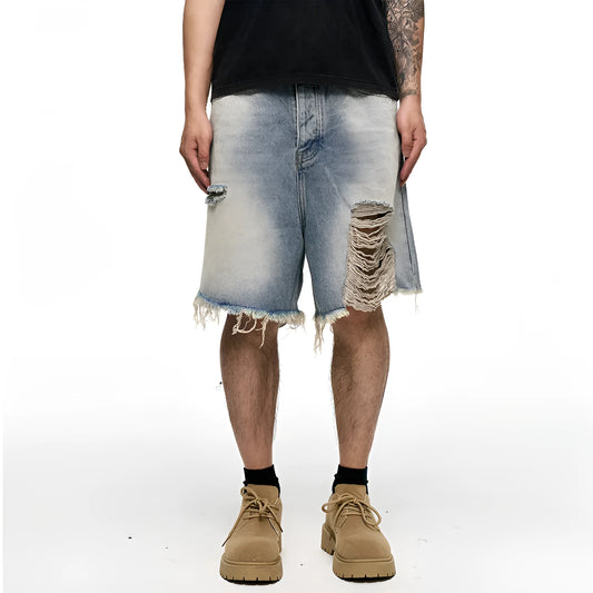 Men's light blue denim shorts with a baggy wide-leg and retro washed finish
