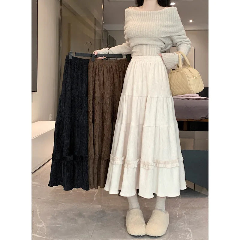 A-line midi corduroy skirt with elastic waistband in solid colours for urban commuting