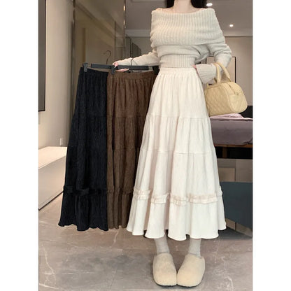 A-line midi corduroy skirt with elastic waistband in solid colours for urban commuting