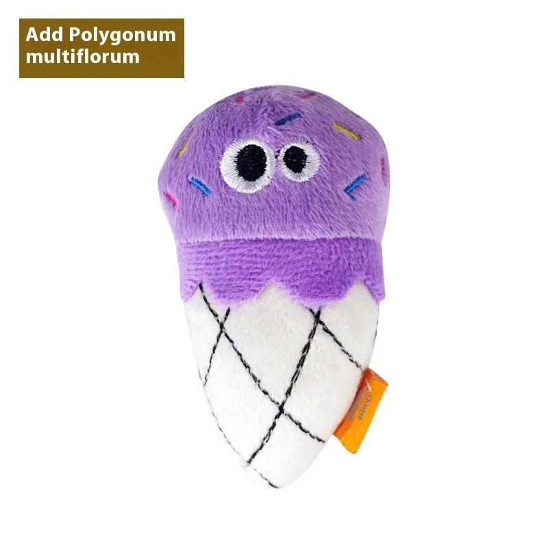 Tiantianmao plush catnip pillow toy in burrito, pizza, pineapple, cucumber, cone, and mushroom shapes.