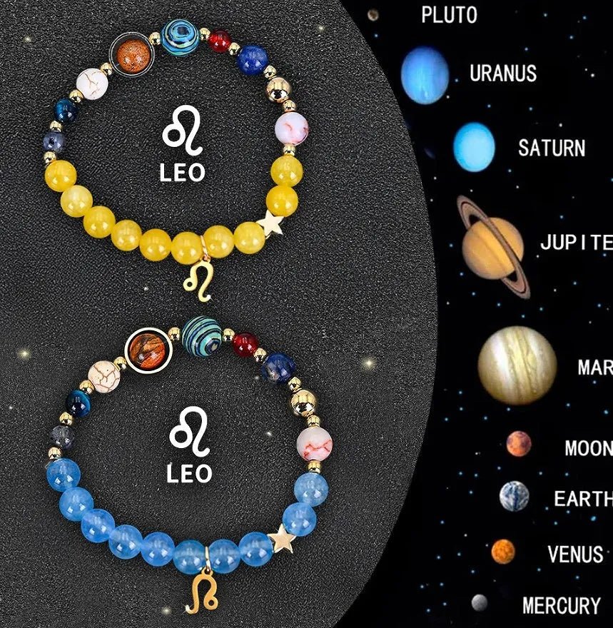 Twelve Zodiac Sign beaded bracelet set with natural stone beads on adjustable cord, showing two bracelets for mix-and-match styling.
