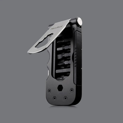 Compact, multi-function bicycle repair tool with wrench, tire spoon, and venting cap tools