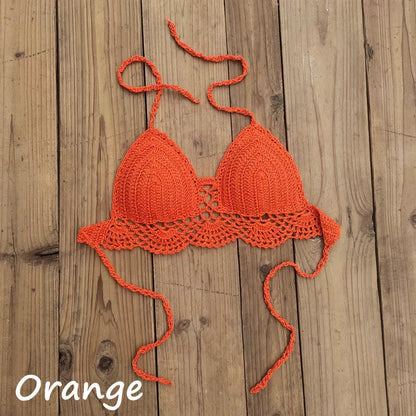 Boho crochet bra in various colors with backless design and chest pad