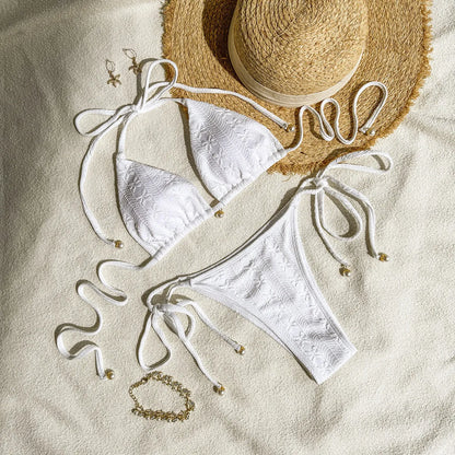 Women's halter lace-up bikini set with adjustable back ties in milky white colour