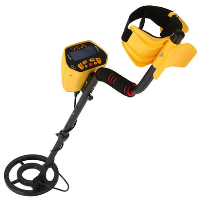GC1028 black and yellow metal detector with LCD display, adjustable pole, and 20cm waterproof search coil for treasure hunting