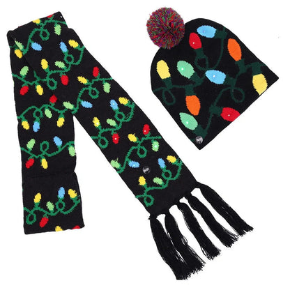 Christmas LED knitted hat with built-in lights showing flexible sizing and integrated illumination system