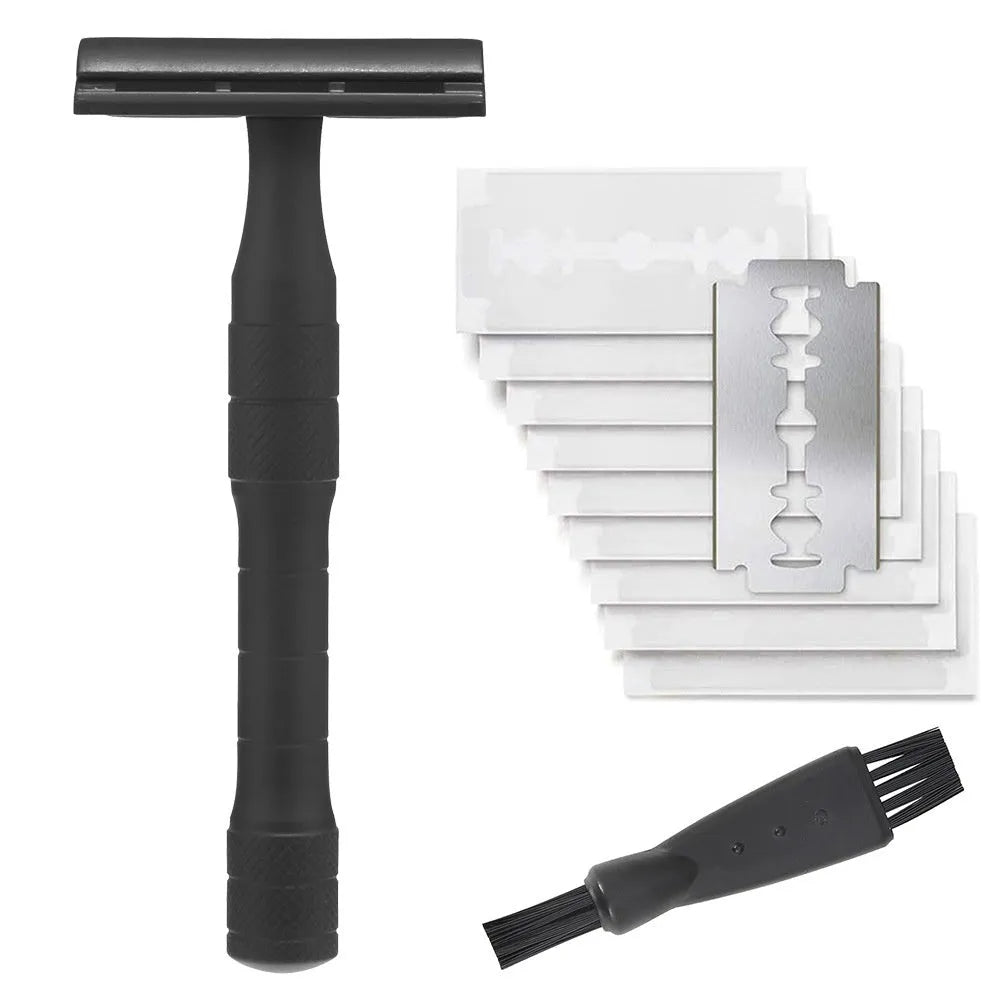 Traditional alloy double-edged safety razor with replaceable blades in choice of colours including black, silver, and rose gold.